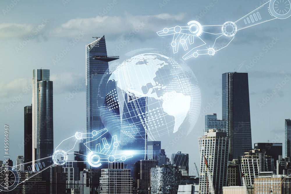Aufkleber abstract virtual robotics technology hologram with globe sketch on new york city skyline background.