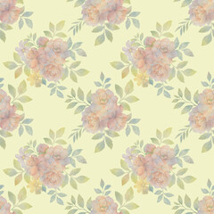 Watercolor bouquets of flowers. Seamless botanical ornament of peony flowers with leaves on a bright background. Wallpaper for design, printing, packaging.