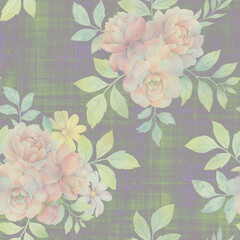 Wallpaper for design, printing, packaging. Abstract bouquet of flowers. Seamless botanical pattern of peony flowers with leaves on a bright background.