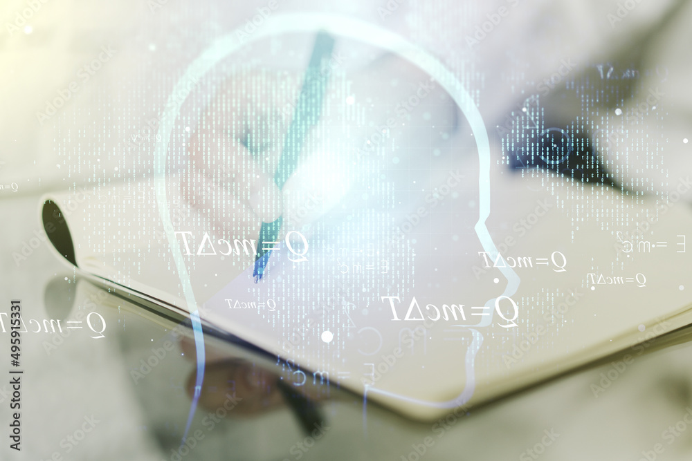 Aufkleber Creative artificial Intelligence concept with human head sketch and man hand writing in diary on background. Double exposure