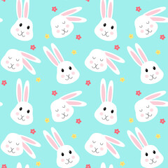 Seamless pattern with cute rabbits and flowers. Vector illustration.