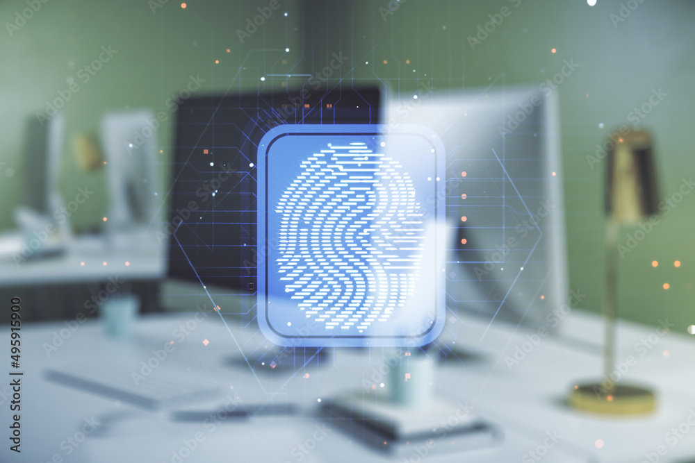 Leinwandbilder multi exposure of abstract graphic fingerprint sketch on modern computer background, fingerprint sca