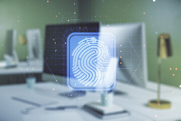 Multi exposure of abstract graphic fingerprint sketch on modern computer background, fingerprint scan data concept
