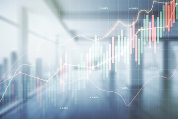 Double exposure of abstract creative financial chart hologram on empty modern office background, research and strategy concept