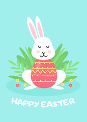 Easter rabbit with leaves and flowers. Vector illustration on a turquoise background. Seasons greetings card.