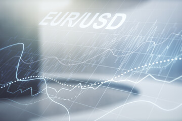 EURO USD forex graph sketch on empty room interior background, strategy and forecast concept. Multiexposure