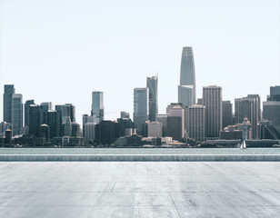 Obraz na płótnie Canvas Empty concrete dirty seafront on the background of a beautiful San Francisco city skyline at daytime, mock up