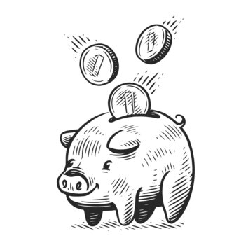 Piggy bank with falling coins. Business, earnings concept. Sketch vector illustration