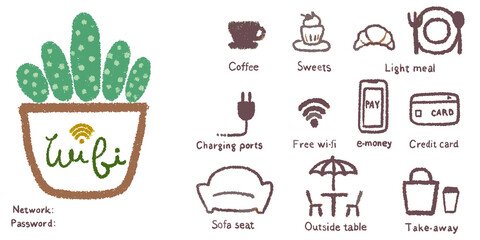 カフェなど店内のWi-fiパスワードサインと提供サービス案内のナチュラルテイスト手描きベクターアイコンセット