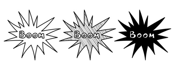 Set of hand drawn vector The word BOOM in doodle cartoon style