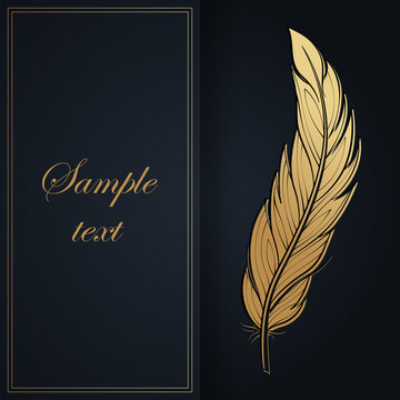 Gold Feather on black background square banner template.