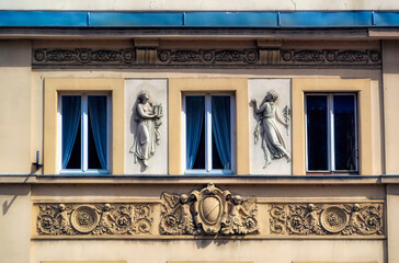 Bas relief sculptures as decoration on old urban building in Sarajevo, Bosnia and Herzegovina.