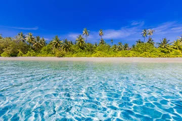 Zelfklevend Fotobehang Maldives island beach. Tropical landscape of summer scenery, white sand with palm trees. Luxury travel vacation destination. Exotic beach landscape, villas beautiful amazing nature shore relax freedom © icemanphotos
