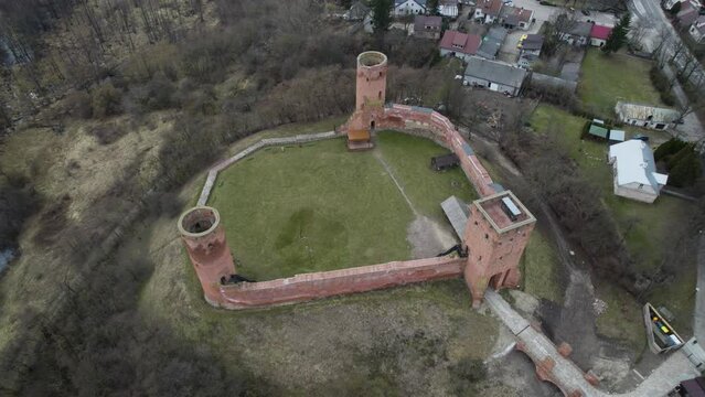 Drone Aerial View of Czersk Castle in Gora Kalwaria Poland during clear daytime
