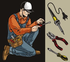 Repairman and hand tools details concept