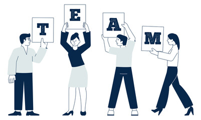 People with team word on boards. Working together concept