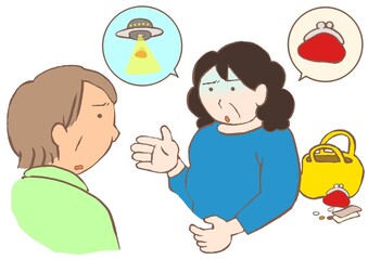 統合失調症　被害妄想　財布がなくなり宇宙人の陰謀だと訴える中年女性のイラスト