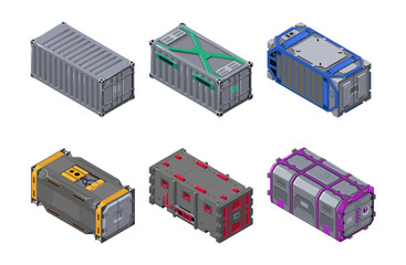 Game container in different fantasy variants. Box icon isometry. Futuristic containers in isometrics. Containers of different levels for transportation of goods. Delivery of cargo. Vector illustration