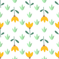 Flowers and leaf seamless pattern. Scandinavian style background. Vector illustration for fabric design, gift paper, baby clothes, textiles, cards.