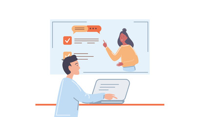 Online courses, distance learning, trainings. The concept of education, training. Illustration for a website banner, presentation template, online advertising.A man with a laptop is engaged online.