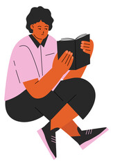 Student reading book. Sitting person character studying