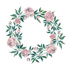 pink bouquet peony flower and leaves, watercolor drawing, template frame wreath illustration - 495920192