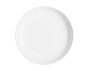 Top view of blank white food plate isolated on white background.