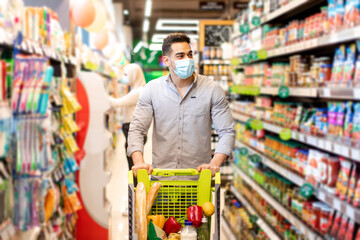 Middle Eastern Man Shopping Wearing Mask Buying Food In Supermarket