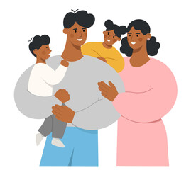 Fototapeta premium Happy african american family with lovely kids. Young mother and father holding their beloved children in their arms. Son and daughter hug their parents. Flat vector illustration.