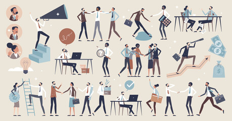 Business people set with businessman work elements tiny person collection. Company employees, team and executive employers items with corporate style vector illustration. Formal job staff characters. - obrazy, fototapety, plakaty