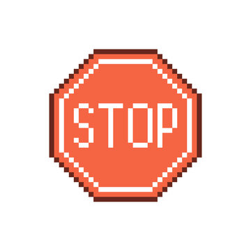 colorful simple vector flat pixel art illustration of stop red road sign