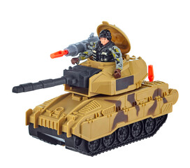 Modern combat toy tank equipped with a large-caliber machine gun, in the open turret of which there is a soldier in camouflage and a helmet, isolated on a white background. 