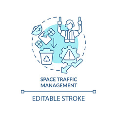 Space traffic management turquoise concept icon. Debris retrieval. Spacetech trend abstract idea thin line illustration. Isolated outline drawing. Editable stroke. Arial, Myriad Pro-Bold fonts used