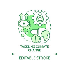 Tackling climate change green concept icon. Ecological initiatives. Space technology abstract idea thin line illustration. Isolated outline drawing. Editable stroke. Arial, Myriad Pro-Bold fonts used