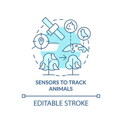 Sensors to track animals turquoise concept icon. Space technology and climate change abstract idea thin line illustration. Isolated outline drawing. Editable stroke. Arial, Myriad Pro-Bold fonts used