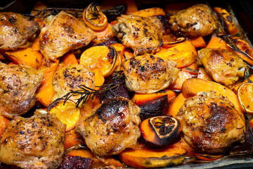 oven Baked chicken legs thighs with sweet potato, oranges and rosemary, top view