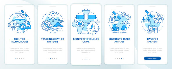 Space technology and climate change blue onboarding mobile app screen. Walkthrough 5 steps graphic instructions pages with linear concepts. UI, UX, GUI template. Myriad Pro-Bold, Regular fonts used