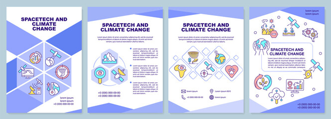 Spacetech and climate change blue brochure template. Ecology protection. Leaflet design with linear icons. 4 vector layouts for presentation, annual reports. Arial-Black, Myriad Pro-Regular fonts used