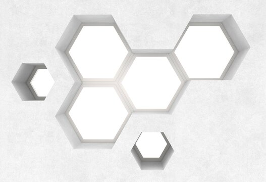 Fondo minimalista con Hexagonos. Podio y fondo blanco para la presentaci&oacute;n del producto. Ilustraci&oacute;n de representaci&oacute;n 3d futurista.