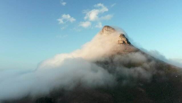 White Fluppy Clouds Canopy Lions Head In Cape Town, South Africa. Aerial Shot