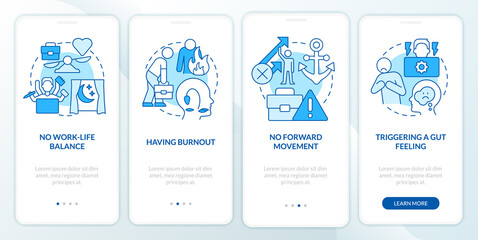 Toxic work environment signs blue onboarding mobile app screen. Walkthrough 4 steps graphic instructions pages with linear concepts. UI, UX, GUI template. Myriad Pro-Bold, Regular fonts used