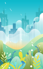 Obraz premium Couple traveling together on vacation with buildings and plants in the background, vector illustration