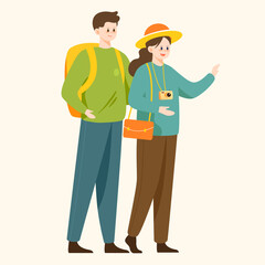 Couple traveling together on vacation with buildings and plants in the background, vector illustration