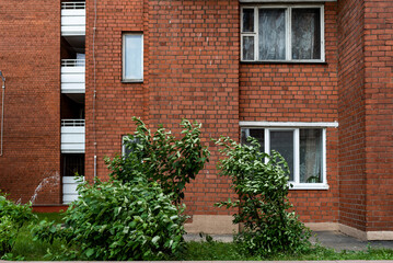 Fototapeta na wymiar Facade of a brick building with windows and balconies trees grow nearby, city, town