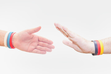 Two hands on a white background. Template with empty space for text. Concept Germany rejects friendship and treaties from Russia