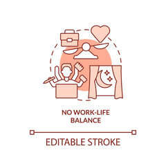 No work life balance red concept icon. Overworking. Sign of toxic workplace abstract idea thin line illustration. Isolated outline drawing. Editable stroke. Arial, Myriad Pro-Bold fonts used