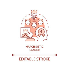 Narcissistic leader red concept icon. Powerful and selfish boss. Type of toxic leader abstract idea thin line illustration. Isolated outline drawing. Editable stroke. Arial, Myriad Pro-Bold fonts used