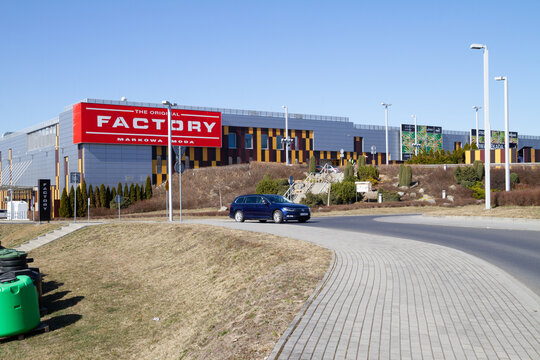 Factory Krak&oacute;w, outlet shopping mall near Krakow. Large signboard with logo in Futura Park on March 24, 2022 in Modlniczka, Poland.