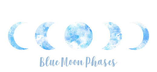 Fantasy blue Moon phases watercolor textured