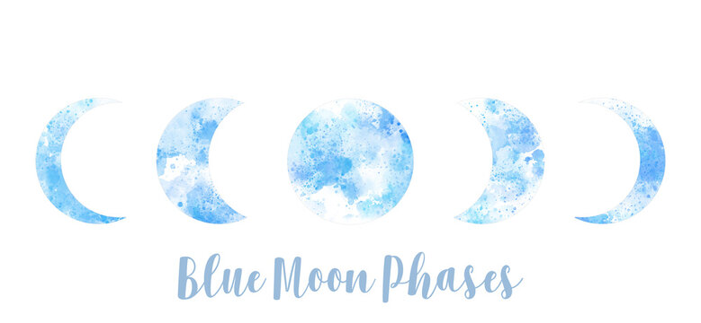 Fantasy blue Moon phases watercolor textured